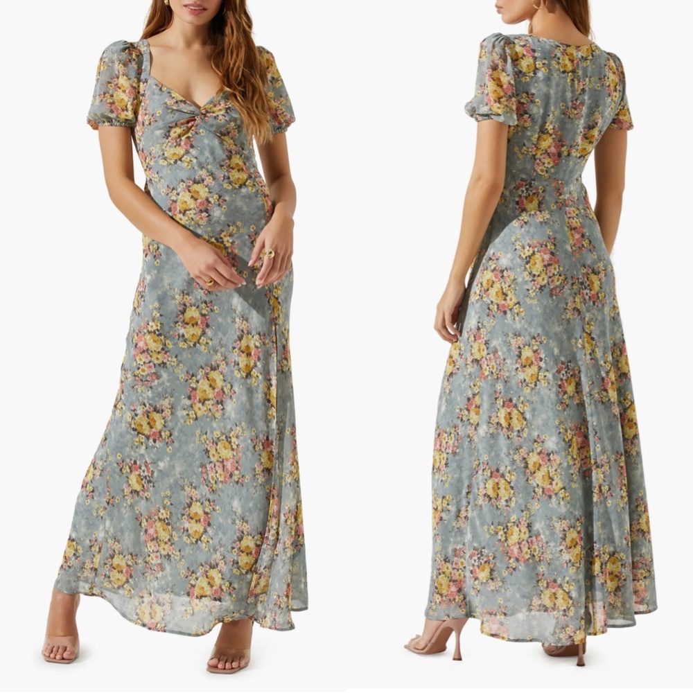 NEW ASTR The Label SLATE Yellow SWEETHEART NECK Floral TWIST BUST Maxi DRESS XS